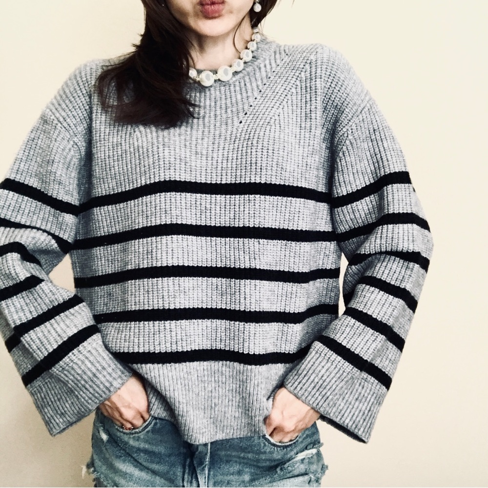 Magaschoni Gray Sweater with Black Stripes